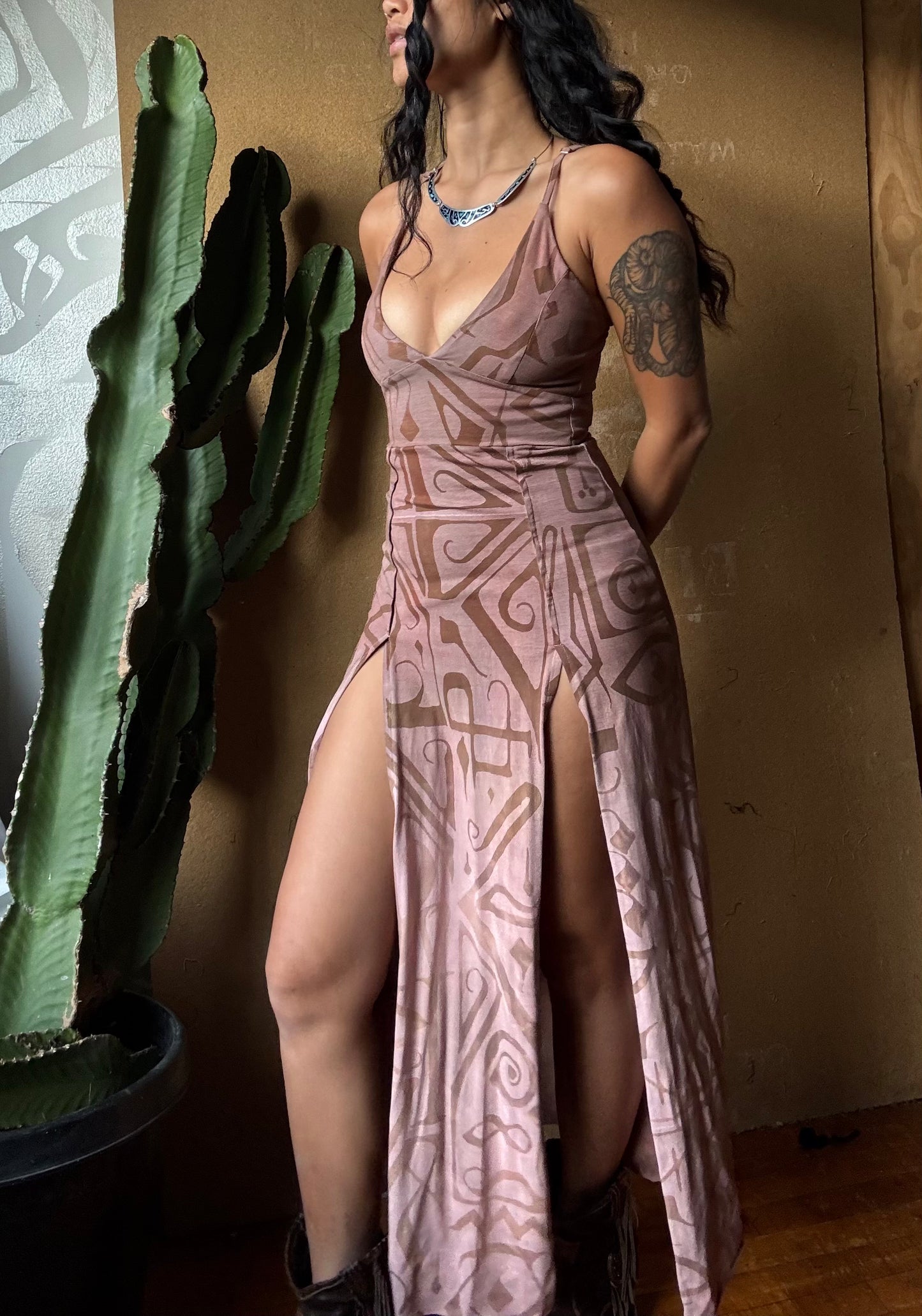 Small - Mauve Blush - Limited series -(little orange variation of pigments in dye job) Darkoski X Zhinh Collaboration Empress Warrior Slit Dress- Screen Printed 66% bamboo, 26% cotton, 8% spandex- Recommended for 5.5ft and under (Copy)
