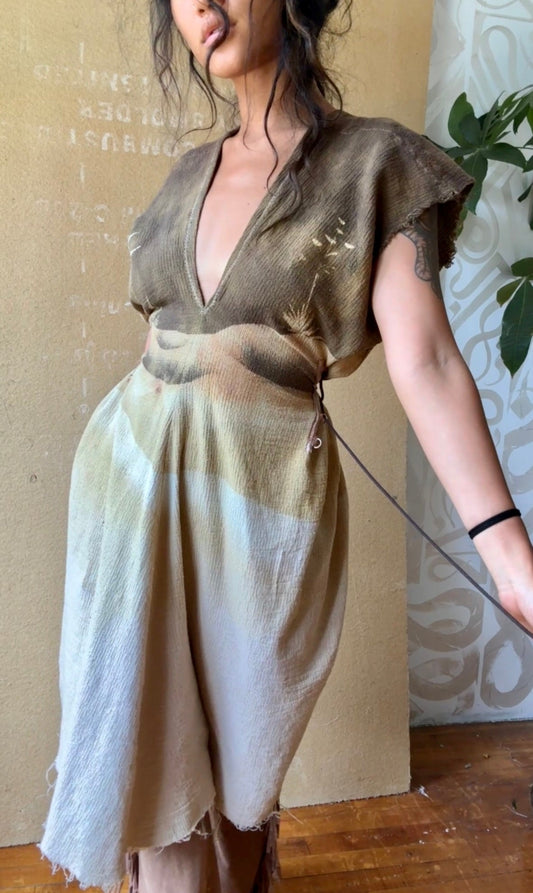 One size- Beige/Taupe Dry Desert Henka Dress - (fits S/M/L) - 100% open weave novelty cotton- dead stock fabric