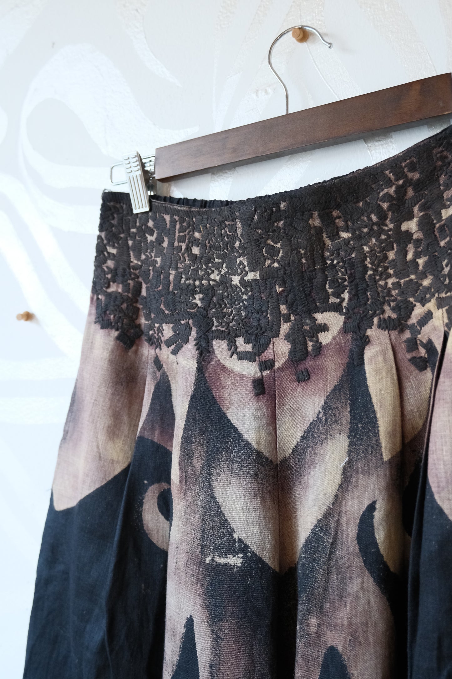 Size 4 - (Fits small -Medium ) The Black Dragon Pants- Wide legged Skirt Like Pants - -Pleated - Pockets -40 Cotton 60 Linen - OOAK - Embroidered Detailed waist - Stretch back waist band