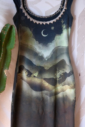 SMALL -Mountain Howl Basket Dress - OOAK - Hand Embroidered - Maxi Dress - 96% Organic Cotton 4% Spandex