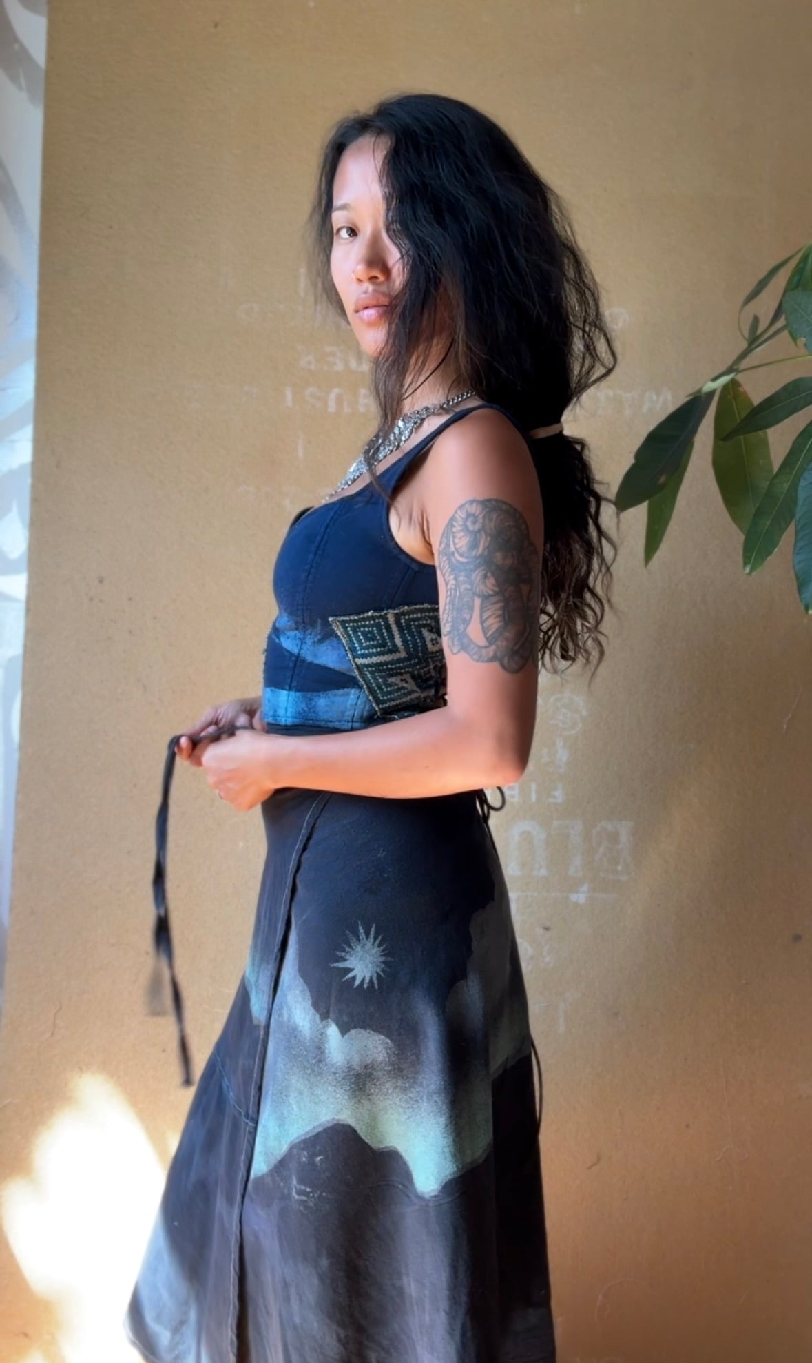 Fits Small & Medium Midnight Moon SET - Corset Top and Wrap Skirt - Vintage 70's Hmong HIll Tribe Vietnamese Patch