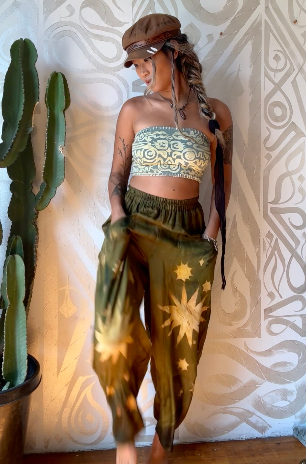 S/M - Olive Green Star Burst - Parachute Pants - Made from Lotus Agricultural Waste Vegan Silk-