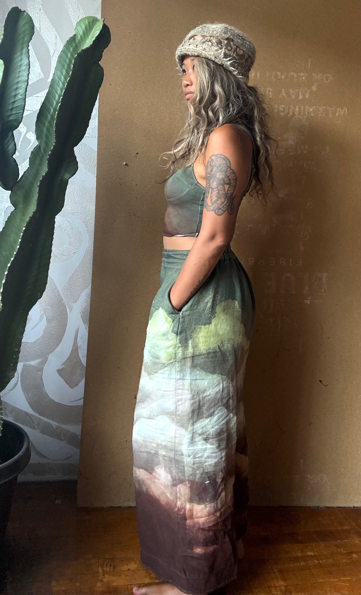 S/M -Size 4- Desert Soothe Landscape Wide Legged Pants - Embroidery waist detail - Linen Pants - Upcycled - OOAK