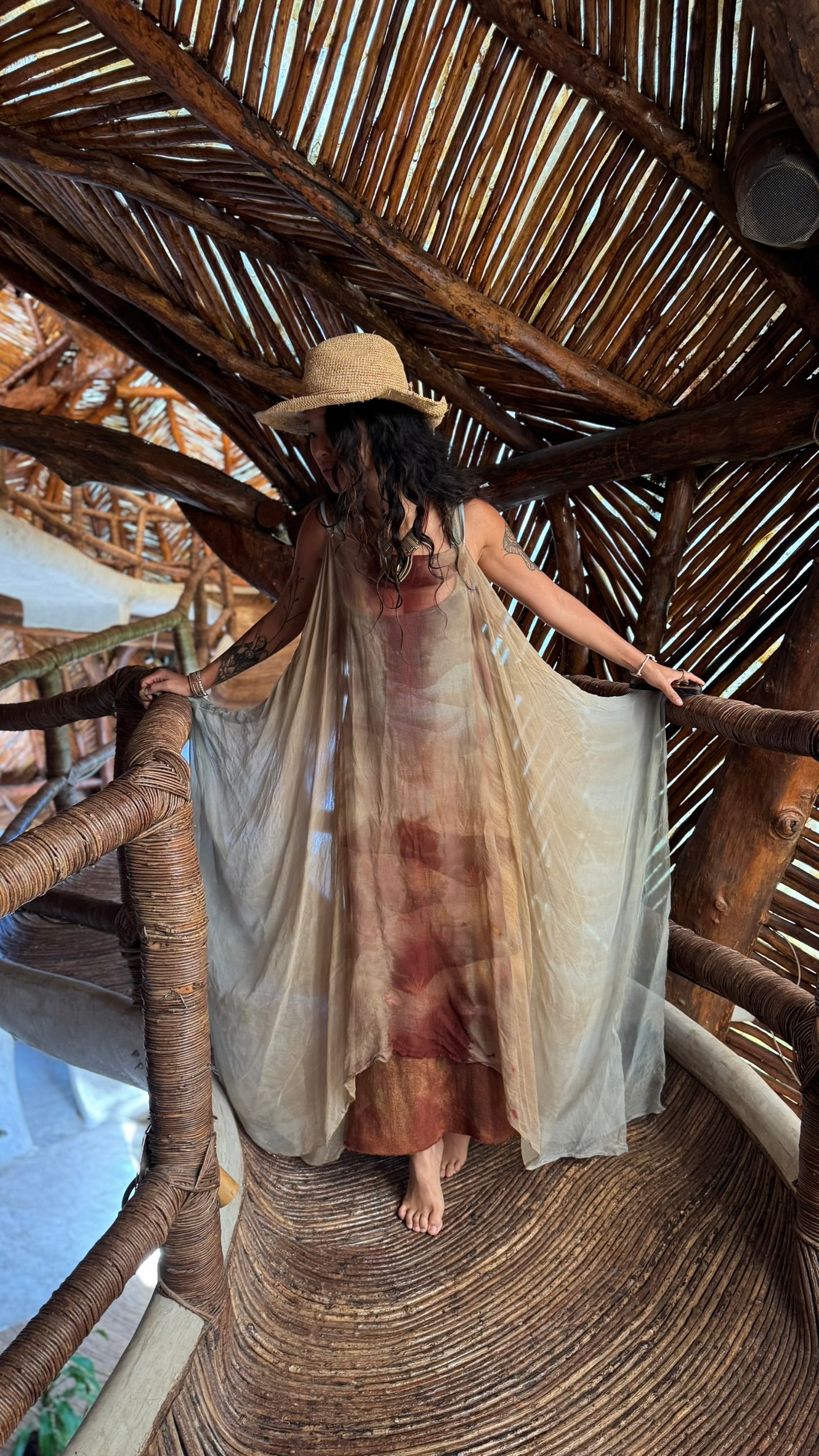 Free size - Aura EXPANSE 100% Dead stock Silk Chiffon Cover up translucent dress - Adjustable straps- Finger straps for wings