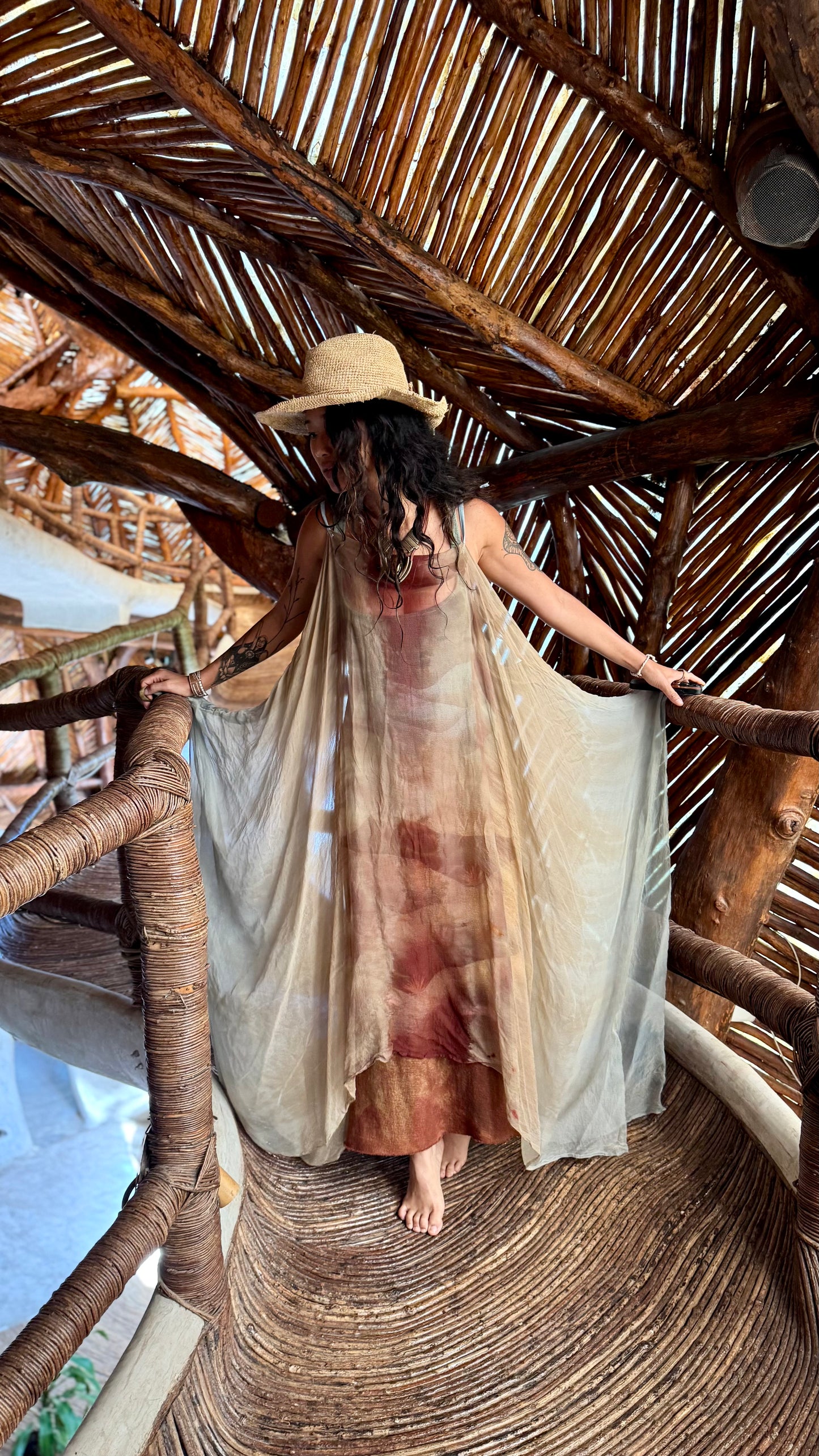 Free size - Aura EXPANSE 100% Dead stock Silk Chiffon Cover up translucent dress - Adjustable straps- Finger straps for wings