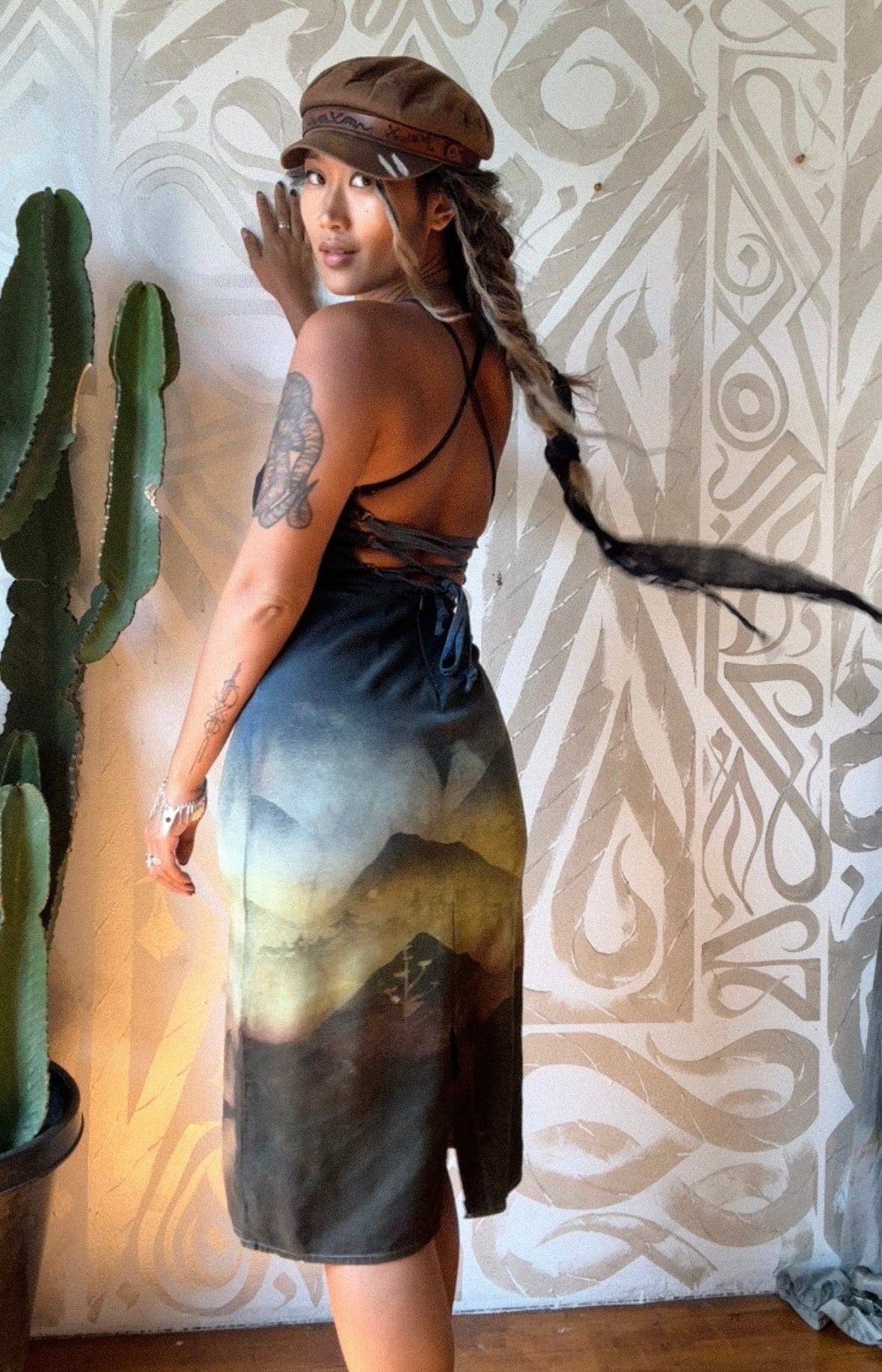 Small -  In the Mountains- Dress - Tie Back & Zipper - 50% Linen  48% Rayon  2% Spndx - Adjustable Straps-Upcycled Regenerazhinh -OOAK