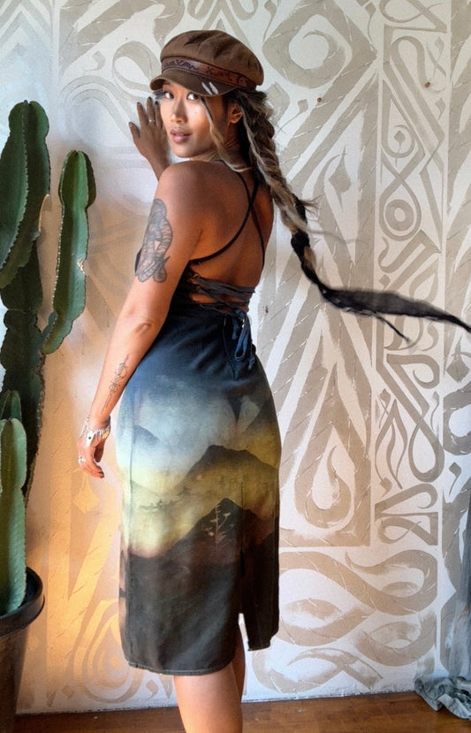 Small -  In the Mountains- Dress - Tie Back & Zipper - 50% Linen  48% Rayon  2% Spndx - Adjustable Straps-Upcycled Regenerazhinh -OOAK
