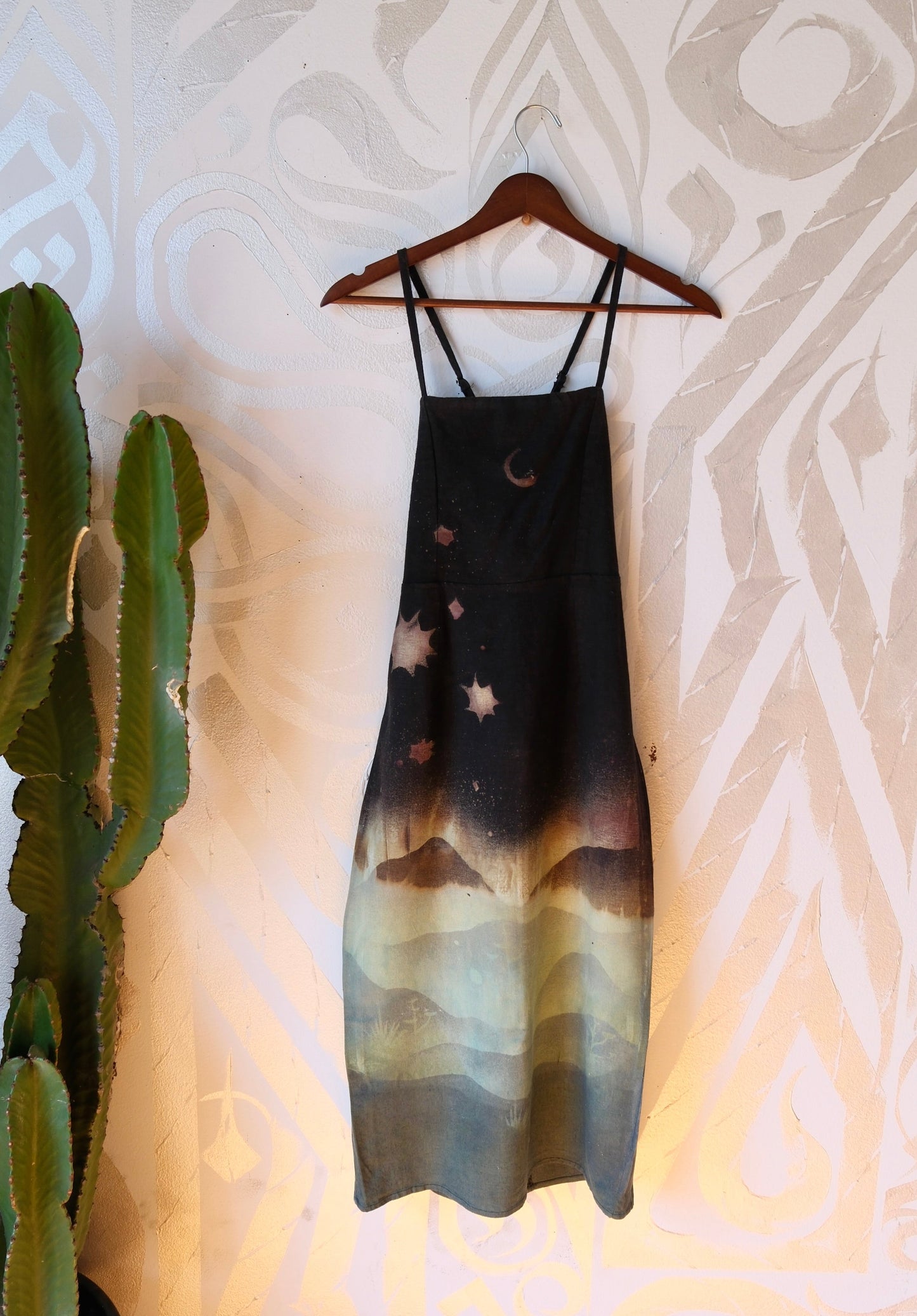 Small - Midnight Glowing Misty Mountains- Dress - Tie Back & Zipper - 50% Linen  48% Rayon  2% Spndx - Adjustable Straps-Upcycled Regenerazhinh -OOAK