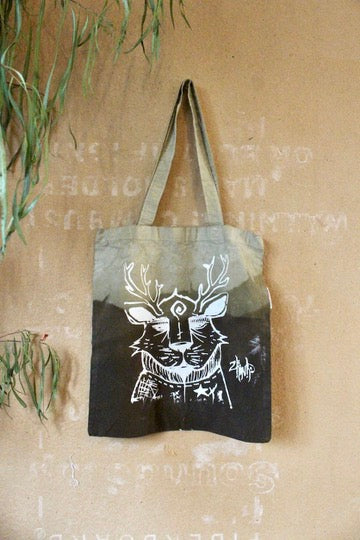 Zhinh - Roger/Tree Landscape Print Tote Bag - Green -Limited series - Hand dyed - Screen Printed- Organic Cotton- Grocery bag/Book Bag/Picnic Bag
