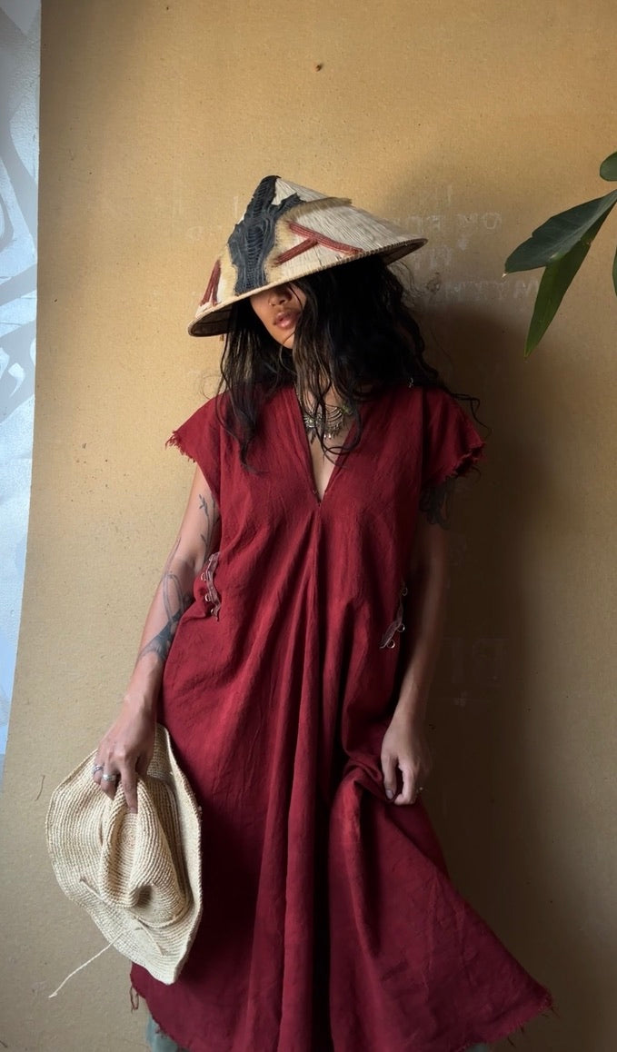 Regular (Fits S/M/L ) Maxi Red Henka Dress - Deadstock Fabric 100% Cotton -70's Hmong Hill tiribe hand woven heritage tapestry Vietnames  medium Weight