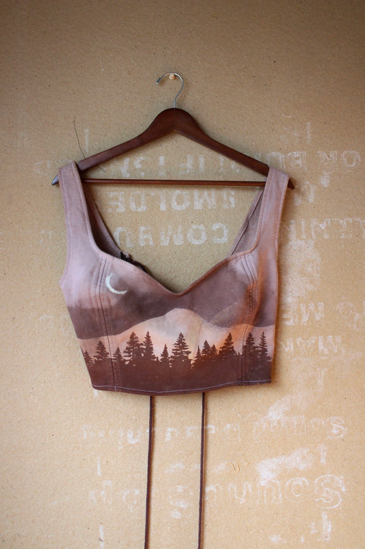 Large - Mauve Forest moon Landscape Corset Bustier Top- Screen printed - and stenciled - Made from 100% Cotton french terry thick sturdy heacy weight