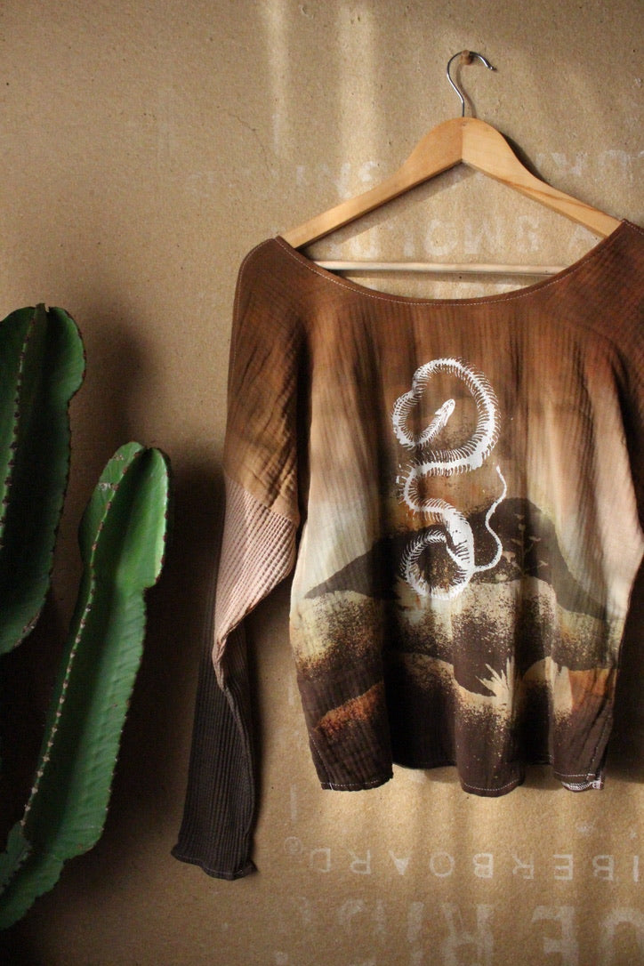 Small - Earthen Serpent Shed Long sleeve Top - 100% oRganic cotton - Cotton Thermal stretch sleeves