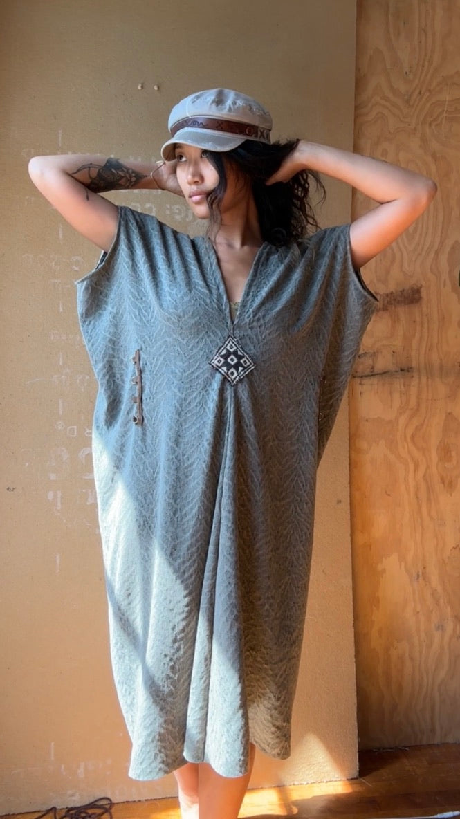 3 New ! Agave Subtle Zebra Print Henka Dress - Fits S/M/L - Medium Weight-Made from deadstock - Cupra Fabric- Hmong HIlltribe woven patch optional