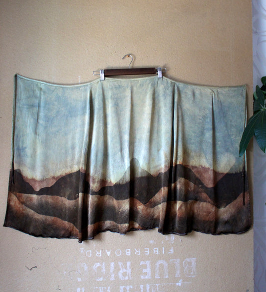 S/M - Mountain Hike Landscape Tapestry Wrap Skirt - Light Blue with evver slight green haze over sky - Orange Peel silk Wrap Skirt
