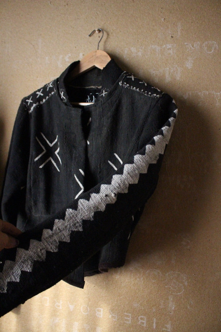 Small - Black - Mud CLoth Jacket -Plant Dyed Black - African Mudcloth-  OOAK - Inside Chest Pocket