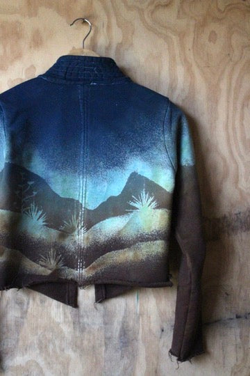XS -Midnight Landscape - Crescent Moon - Cropped Cadet Jacket  - 100% Cotton french Terry Thick sturdy heavy weight - warm - Deadstock fabric - High collar-