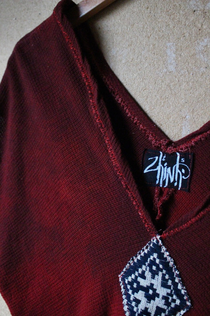 Charcoal Embers Henka Top -Fits XS/S Integration - 70's Handwoven Hmong hill patch center