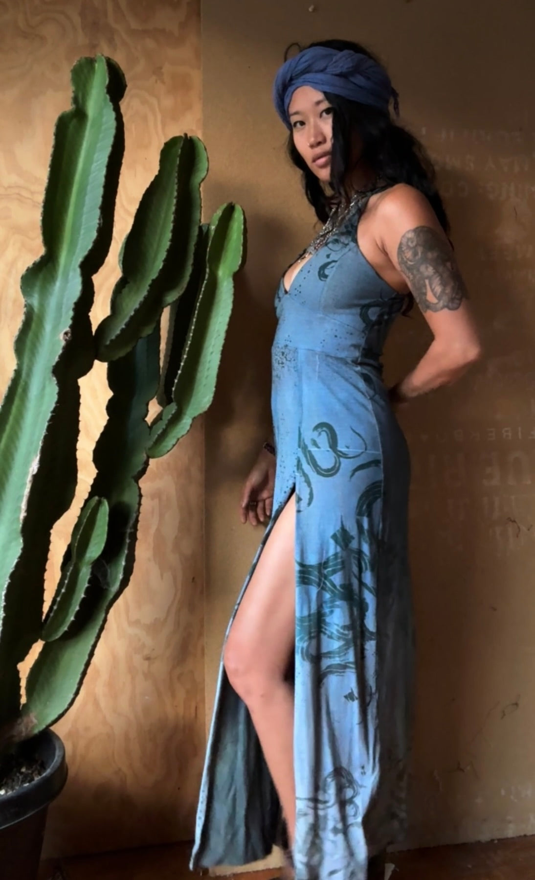 Medium - Midnight Secrets - Limited series -Darkoski X Zhinh Collaboration Empress Warrior Slit Dress- Screen Printed 66% bamboo, 26% cotton, 8% spandex - Recommended for 5.5ft and under -