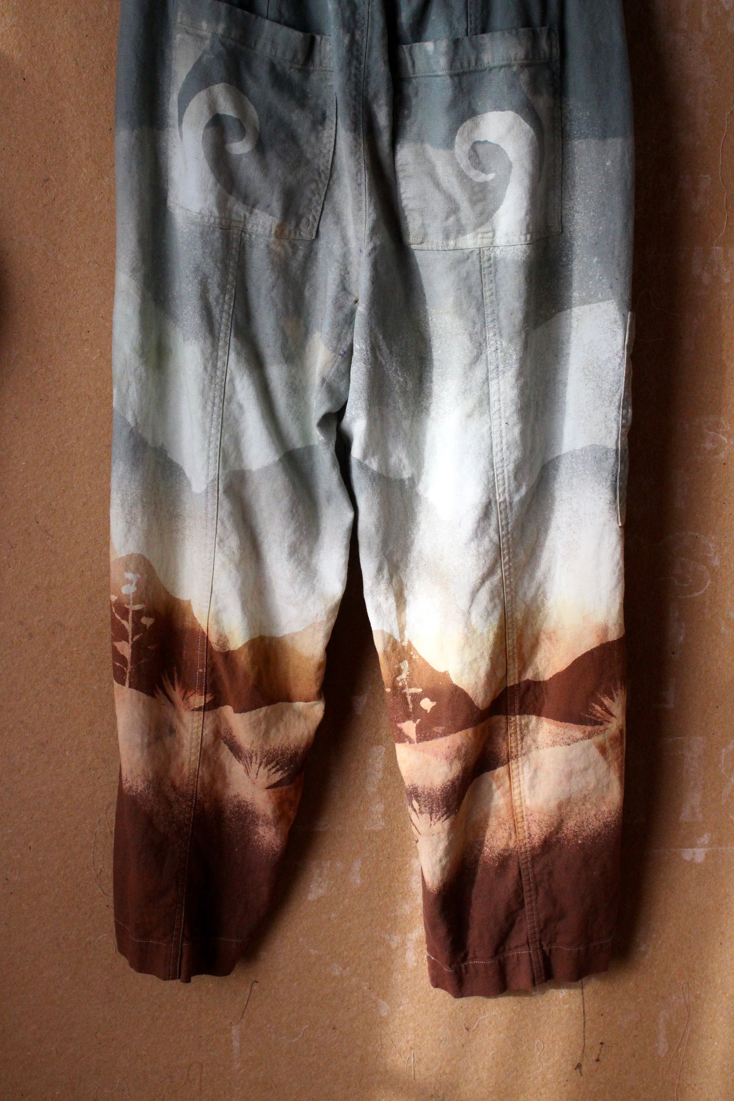 2 Pants OOAK Medium/Large- Landscape - Temple Swirl - 55% linen 45% Rayon Stretch Waist- Regenerazhinh Upcycled Pants (Copy)