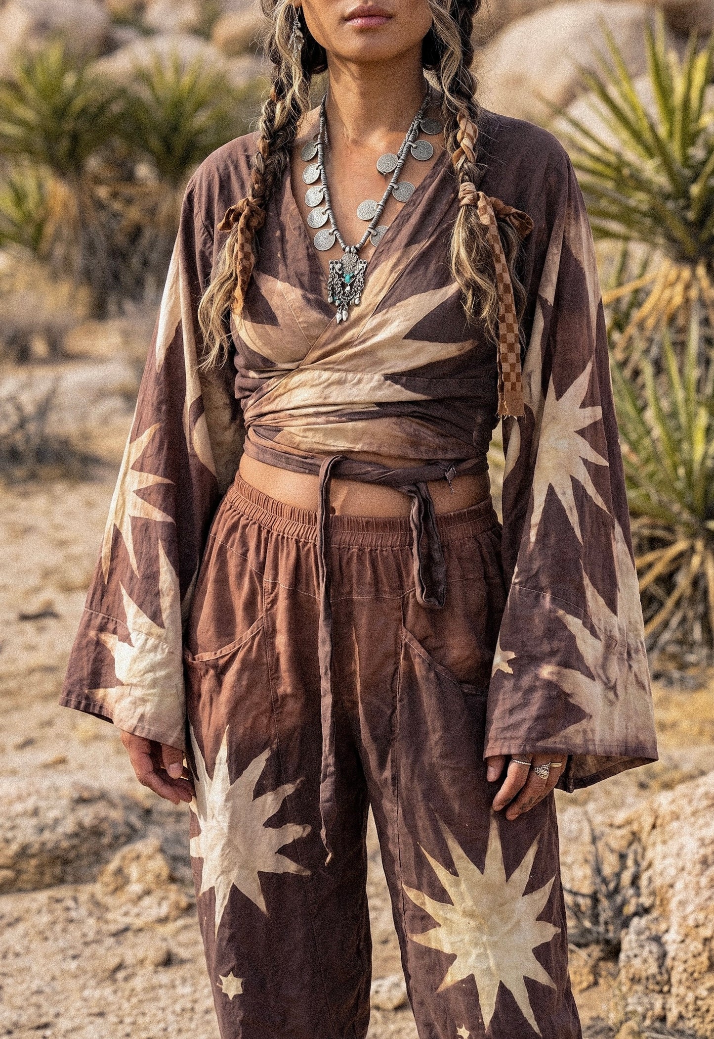 S/M- Mauve Starburst -Kimono Wrap Top- RTS- Regal/Casual - Bell sleeves- Made From Lotus Agricultural waste "Silk"