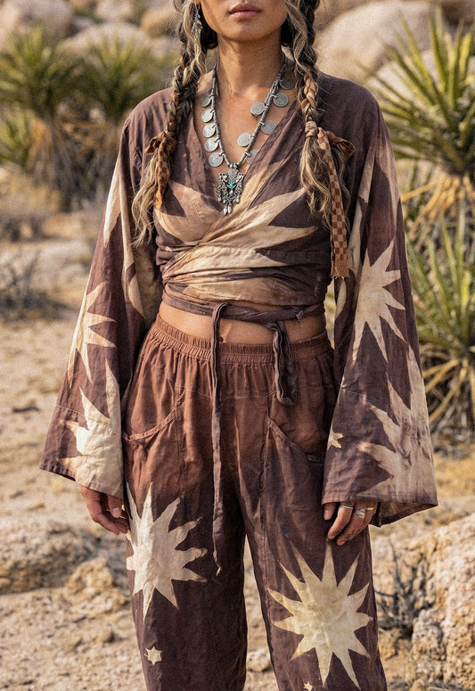 S/M- Mauve Starburst -Kimono Wrap Top- RTS- Regal/Casual - Bell sleeves- Made From Lotus Agricultural waste "Silk"