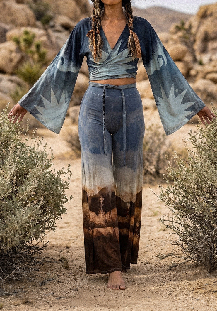 2 RTS- S/M Blue Celestial Burst Temple Swirl -  Kimono Wrap Top-- Made From Lotus Agricultural waste "Silk" (Copy)