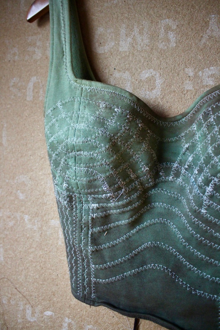 Small/medium -Turquoise Cactus Continuum Corset Top - Full Length- RTS - Sewing Machine Hand guided stitch details