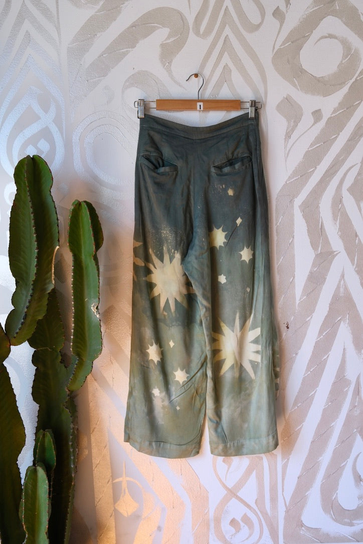 XS/S-  Jade Mountain Star Burst - Short length- HIGHWAISTED  ! Origami pants - made from Lotus Agricultural waste vegan "silk"