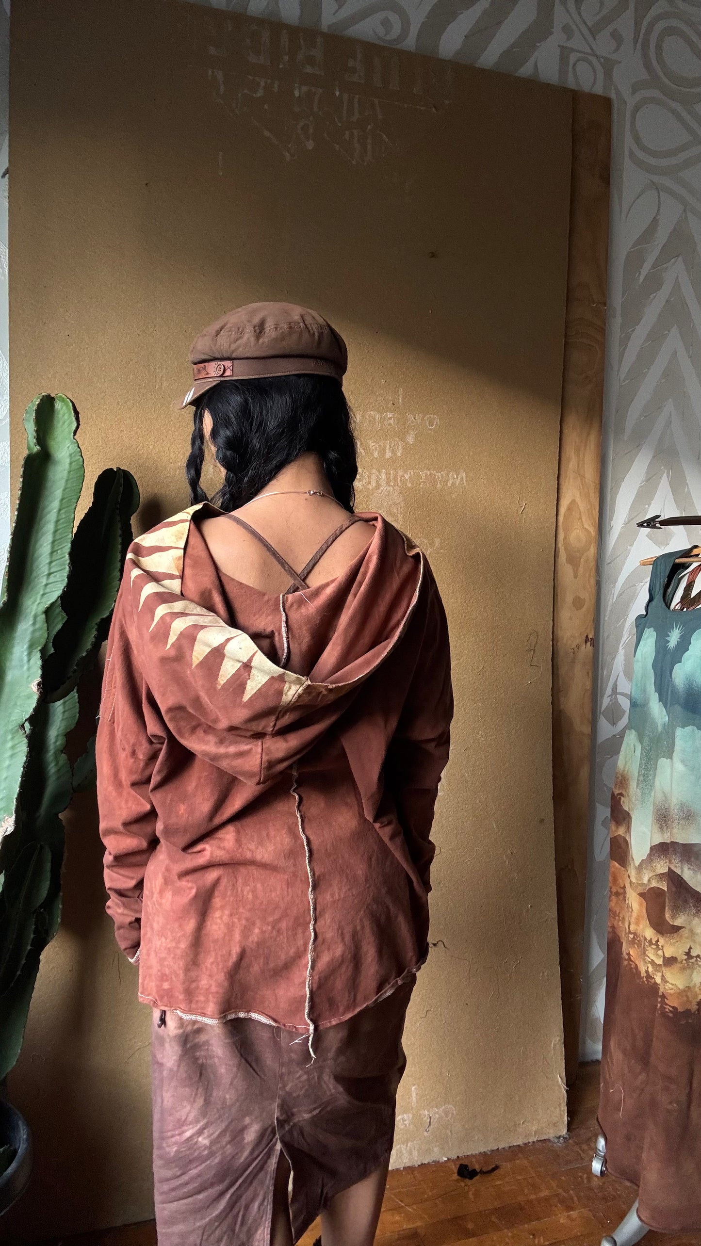 Medium -Terracotta Clay plain solid with Mountain print hood - Slouchy Long sleeve Hoodie  - Oversized Hoodie - 100% Triple layered Cotton heavy weight cotton Gauze - Cotton thermal stretch sleeves