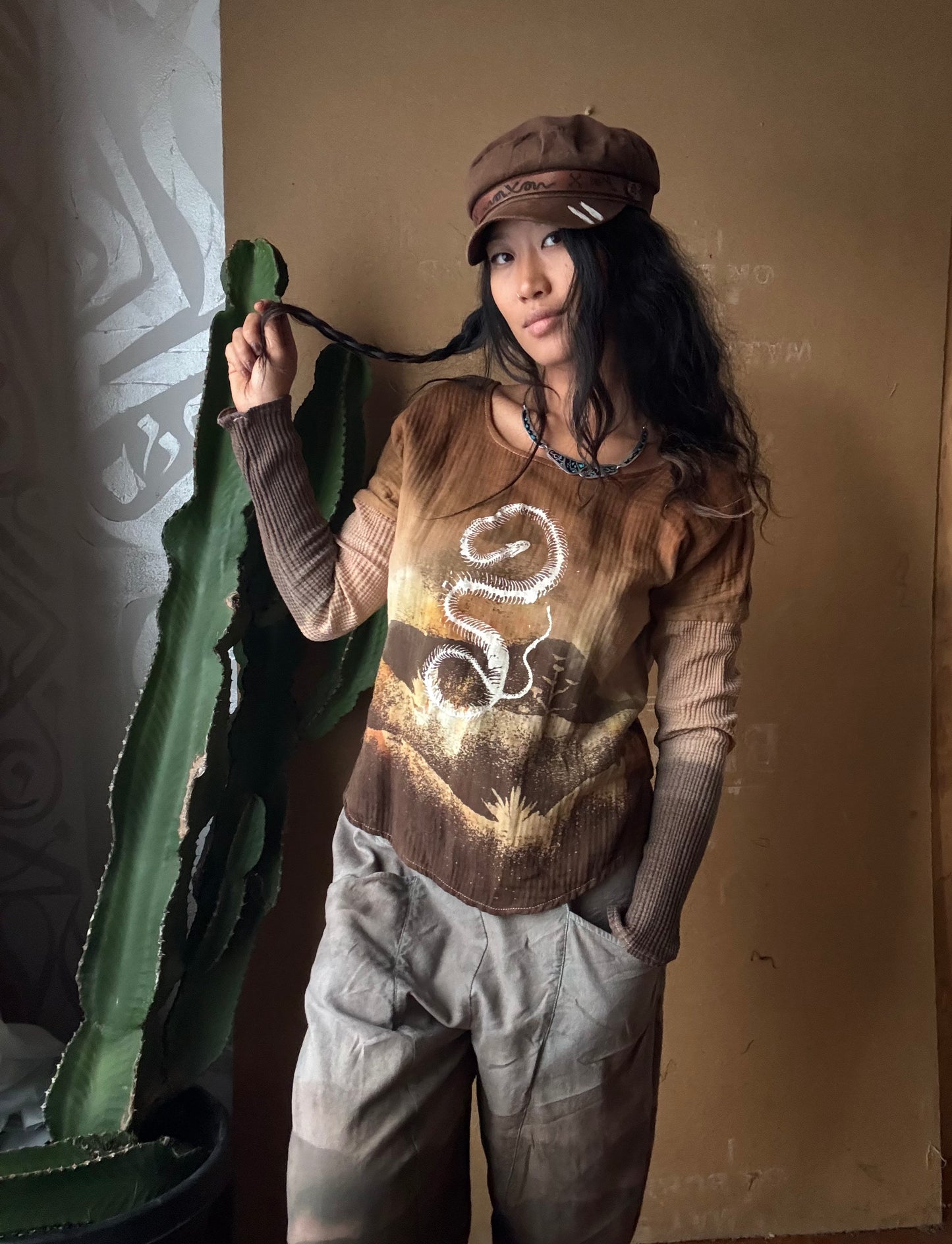 Small - Earthen Serpent Shed Long sleeve Top - 100% oRganic cotton - Cotton Thermal stretch sleeves