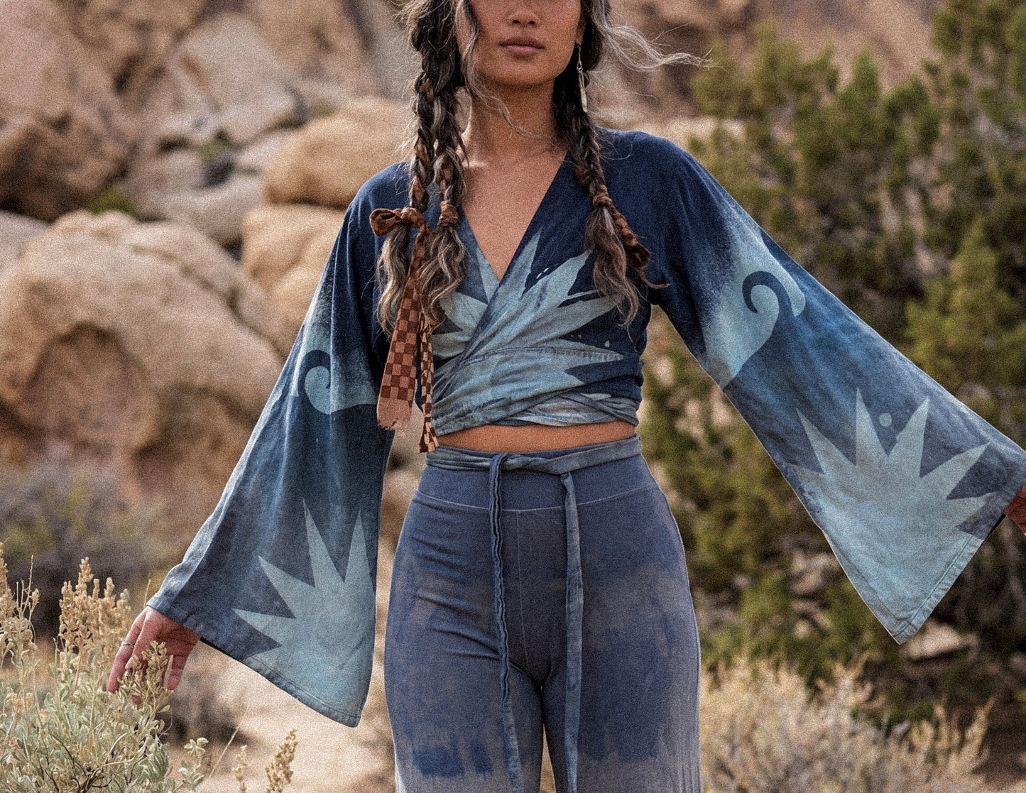 2 RTS- S/M Blue Celestial Burst Temple Swirl -  Kimono Wrap Top-- Made From Lotus Agricultural waste "Silk" (Copy)