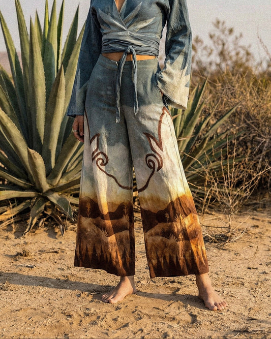 SIZE: fits 4-6 (medium) - Landscape - Temple Swirl -20% viscose 80% linen Regenerazhinh Upcycled Pants