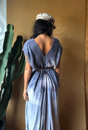 Petite (Fits XS/S/M) Tall Maxi Dress (can Hem If requested) And rise neckline too if needed - Silver Cloudy Sky Henka Dress - Hawk Spirit signs -Tie Back Hand painted Hawk patch - (Copy)