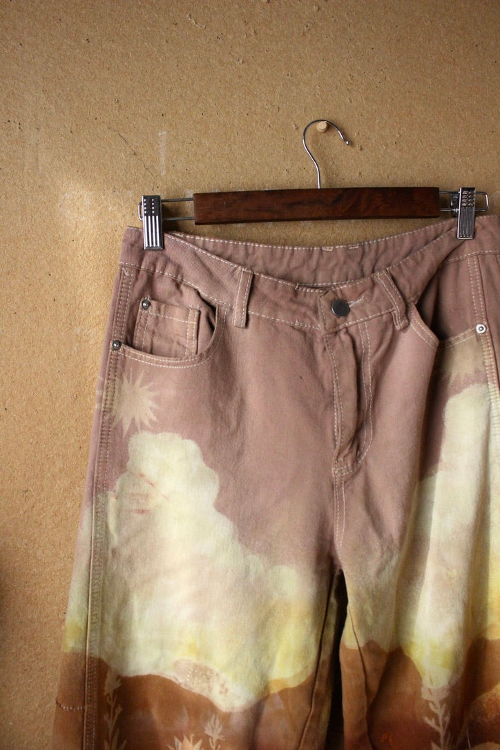 5 Pants- S/M (4/6) - Blush Secrets Landscape -100% cottonv- Temple Swirl - Regenerazhinh Upcycled Pants
