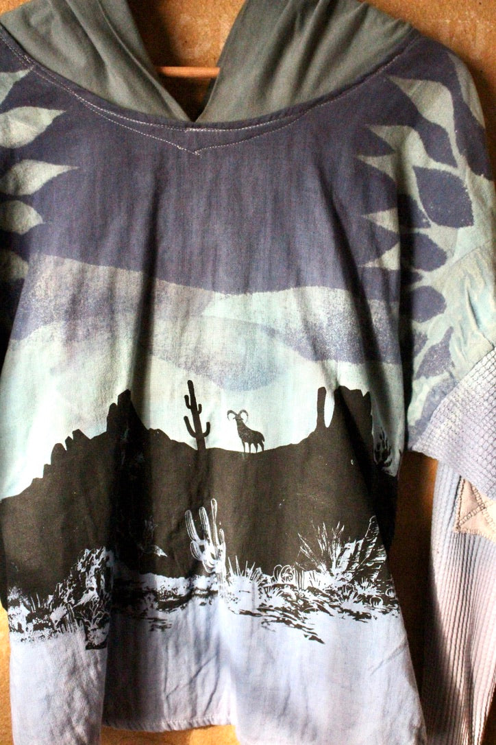 Small/Medium - Desert Blues -Slouchy Long sleeve Hoodie  - Oversized Hoodie - 100% Triiple Layered heavy weight oRganic cotton Gauze - Warm - Cotton open weave sleeves and hood (Copy)