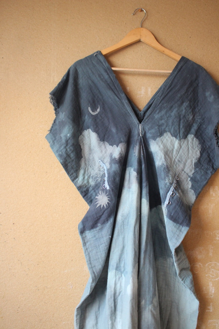 S/M/L/XL - OOAK - The thick Blanket Henka Dress - CLoudy blue skies Henka Dress - -Tie back Heavy heavy weight cotton gauze - 100% Cotton GAuze - 3 layered cotton gauze - Perfect for camping - like a blanket HEnka