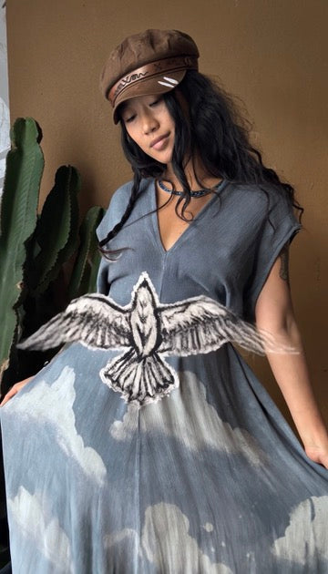 Regular (Fits S/M/L) Tall Maxi Dress (can Hem If requested) Silver Cloudy Sky Henka Dress - Hawk Spirit signs -Tie Back Hand painted Hawk patch -