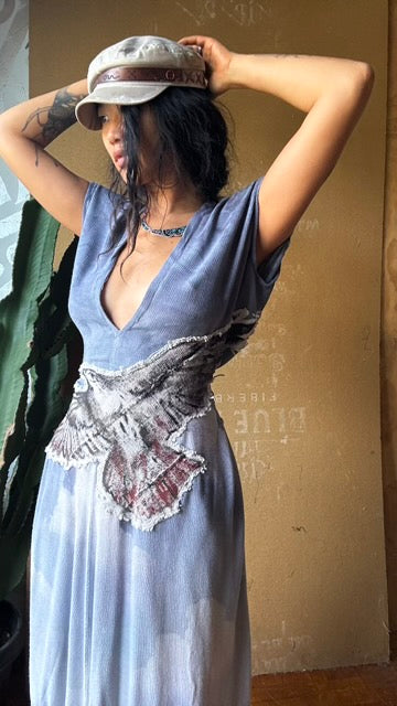 Petite (Fits XS/S/M) Tall Maxi Dress (can Hem If requested) And rise neckline too if needed - Silver Cloudy Sky Henka Dress - Hawk Spirit signs -Tie Back Hand painted Hawk patch - (Copy)
