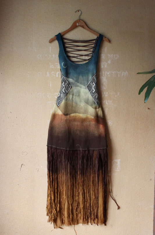 Small/MEdium - Sea Kelp Fringe Dress - 100% knitted cotton - Silk Chiffon fringed hem skirt - WIth tie back and jade beads