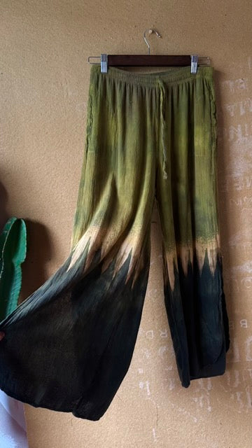 9 Pants - Small (Short) GREEN Mountianous - 100%  Cotton Gauze- Airy- Stretch Waist -  Side bottom pants slits-Regenerazhinh Upcycled Pants (Copy)