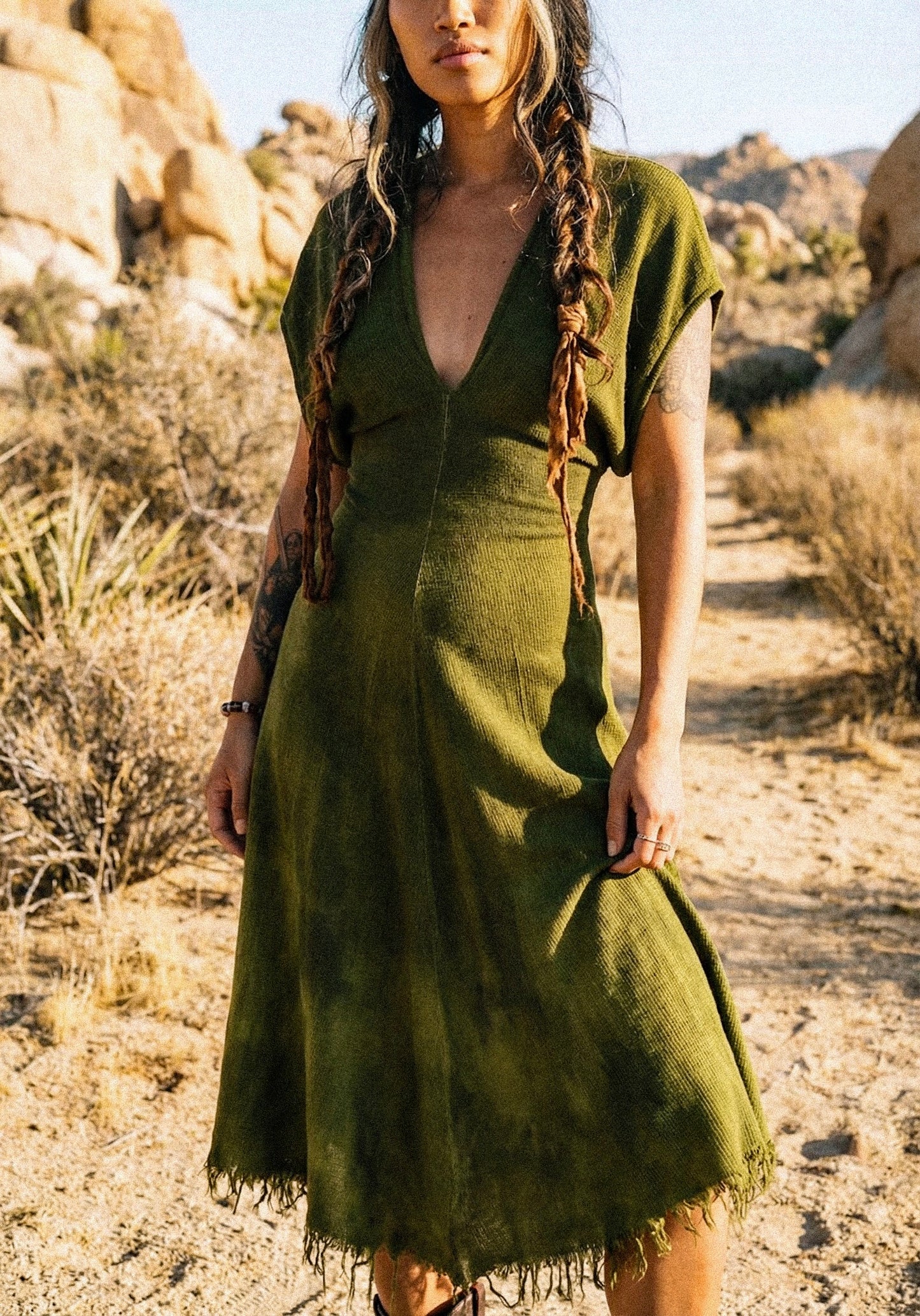 1 MTO Slot- The Moss Henka Dress- Maxi or Midi option -Made to Order (4weeks) Limited Series- Olive Green Henka Dress - 100% Novelty Cotton - Deadstock Fluid and very soft&textured - limited series- hand dyed in studio