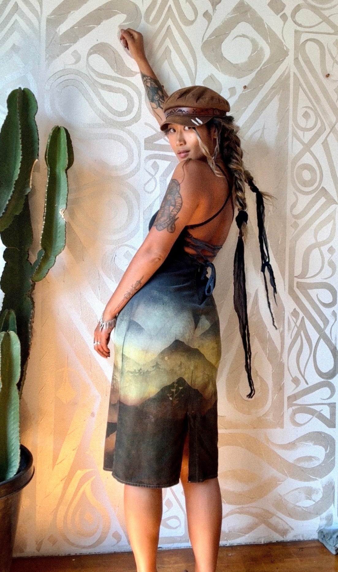 Small -  In the Mountains- Dress - Tie Back & Zipper - 50% Linen  48% Rayon  2% Spndx - Adjustable Straps-Upcycled Regenerazhinh -OOAK