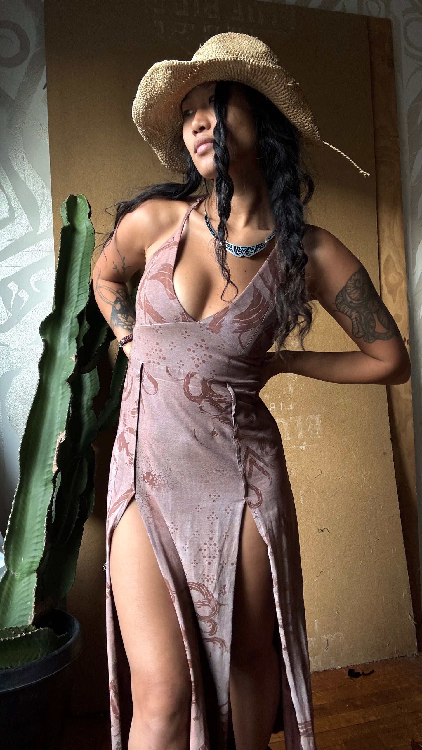 Small - Mauve Flow Print  -SHort Length ( recommended For 5.5ft and shorter)  Limited series -Darkoski X Zhinh Collaboration Empress Warrior Slit Dress- Screen Printed 66% bamboo, 26% cotton, 8% spandex- Recommended for 5.5ft and under - 2 in stock