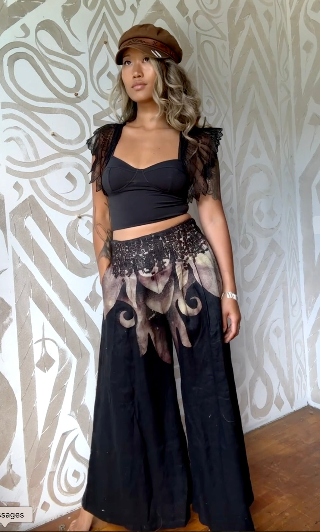 Size 4 - (Fits small -Medium ) The Black Dragon Pants- Wide legged Skirt Like Pants - -Pleated - Pockets -40 Cotton 60 Linen - OOAK - Embroidered Detailed waist - Stretch back waist band