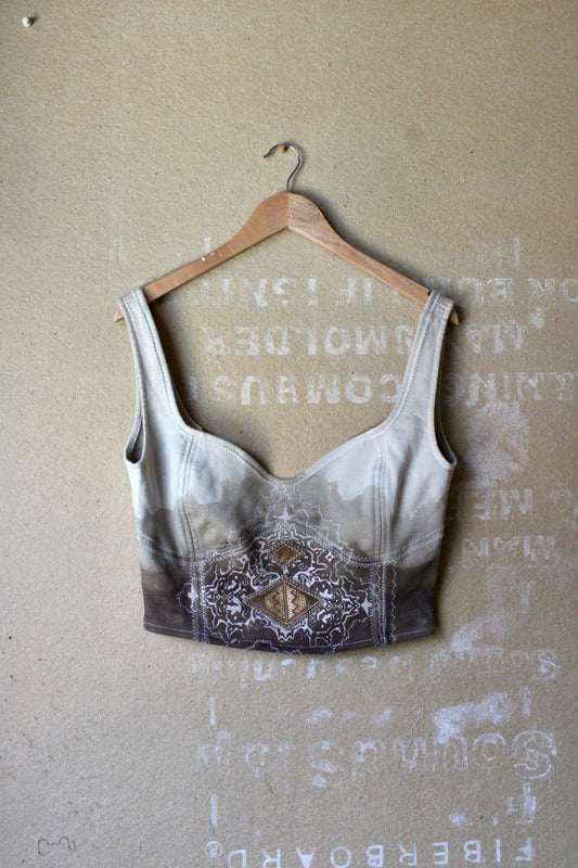 New! Large - Taupe Rugspell Corset top - Open Adjustable Back - With tan Cording Rope - OOAK- Screen Printed/Dip dyed/stitch details-Ready to Ship