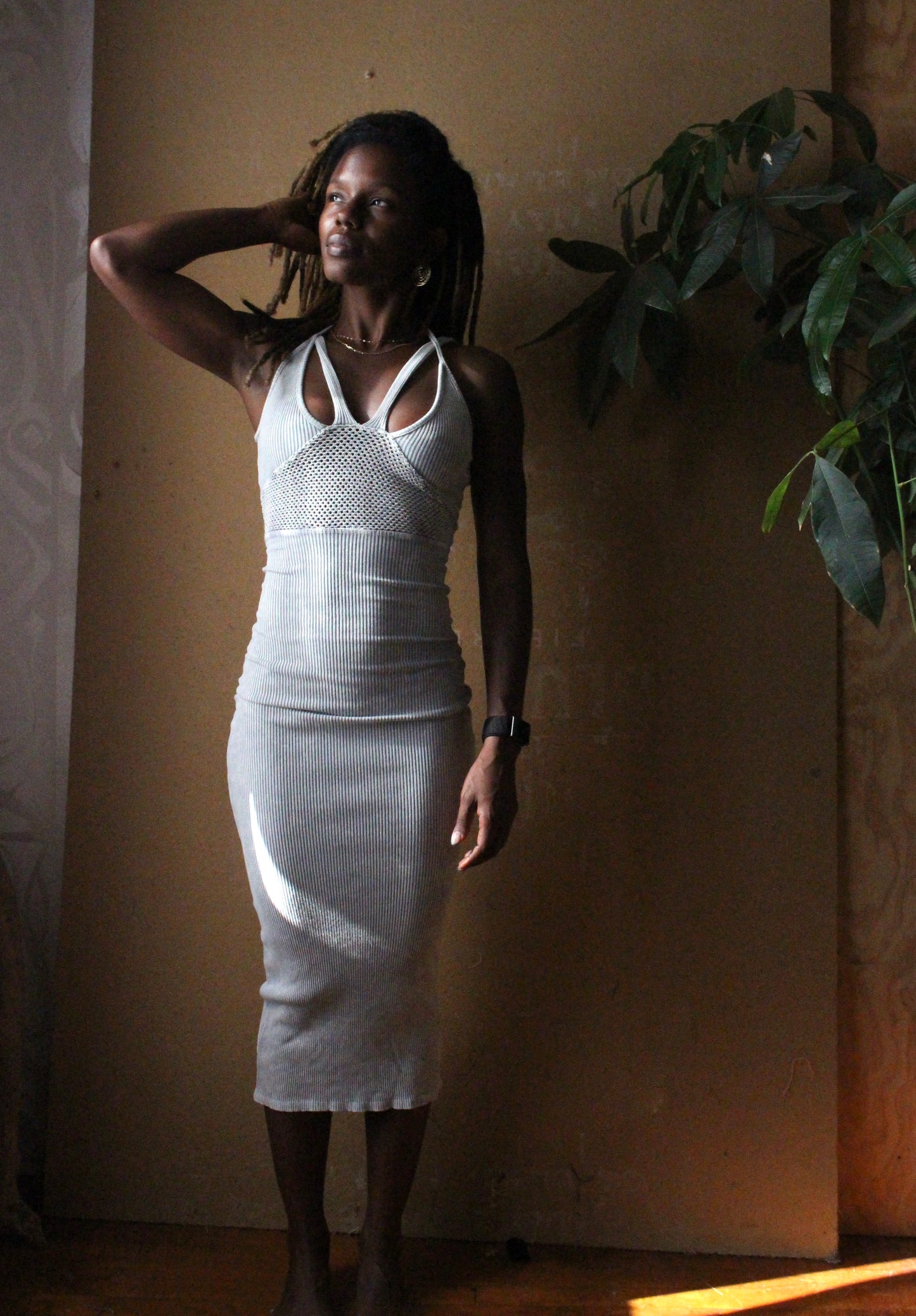New! The Axis Dress -Reversible Body con -Ready to Ship -Made from 100% Cotton Rib/& Cotton Netting - Mineral Iceberg Blue/Grey Color- Reversible- - Made in USA/LA