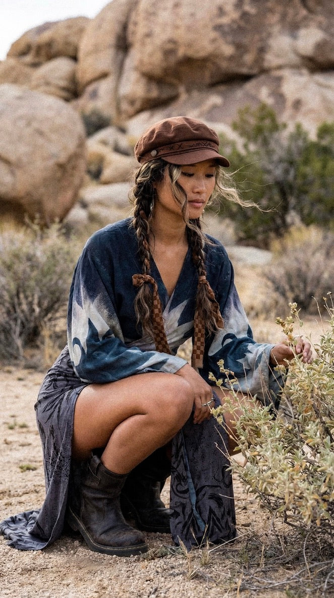 2 RTS- S/M Blue Celestial Burst Temple Swirl -  Kimono Wrap Top-- Made From Lotus Agricultural waste "Silk" (Copy)