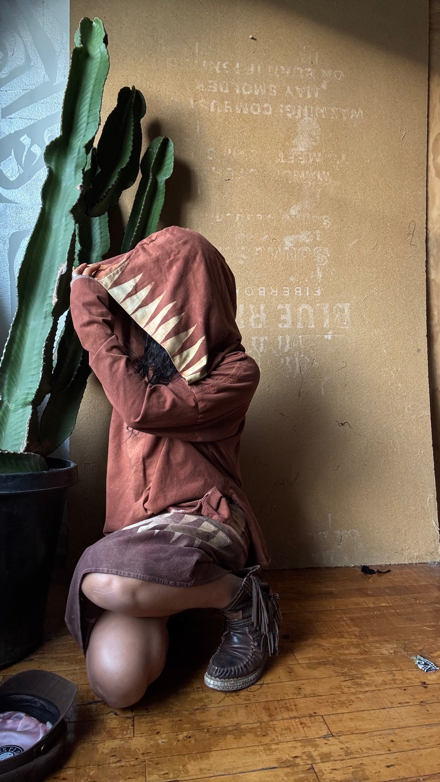 Medium -Terracotta Clay plain solid with Mountain print hood - Slouchy Long sleeve Hoodie  - Oversized Hoodie - 100% Triple layered Cotton heavy weight cotton Gauze - Cotton thermal stretch sleeves