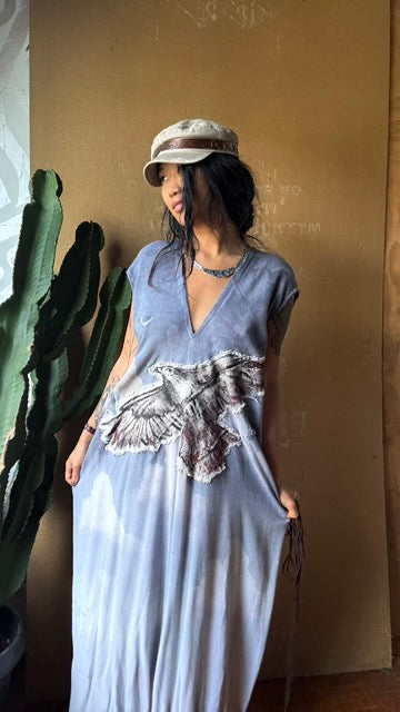 Petite (Fits XS/S/M) Tall Maxi Dress (can Hem If requested) And rise neckline too if needed - Silver Cloudy Sky Henka Dress - Hawk Spirit signs -Tie Back Hand painted Hawk patch - (Copy)