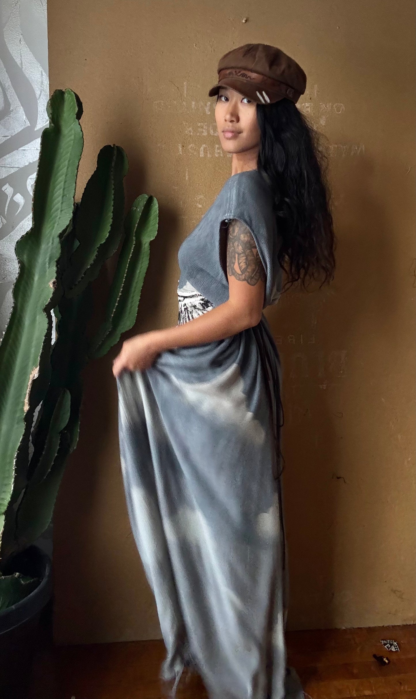 Regular (Fits S/M/L) Tall Maxi Dress (can Hem If requested) Silver Cloudy Sky Henka Dress - Hawk Spirit signs -Tie Back Hand painted Hawk patch -